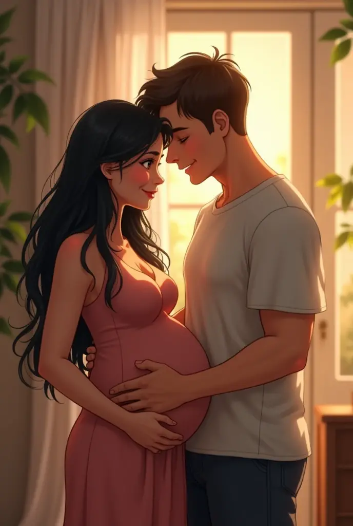 A pregnant brown-haired girl and her red-haired boyfriend together in anime style