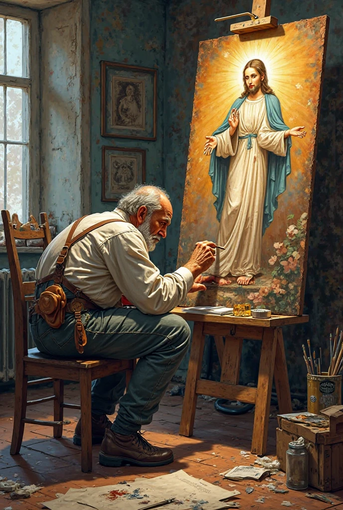 An old ignorant poor woman 
In an art school, among many paintings, Jesus Christ on the cross is gazing in wonder

