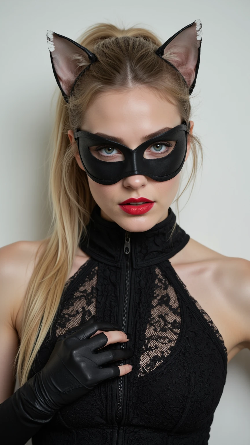 portrait of a sultry adult female with long black black, wearing blindfold, wearing black lipstick, sexy, solo, alone, nsfw, wearing bdsm gear