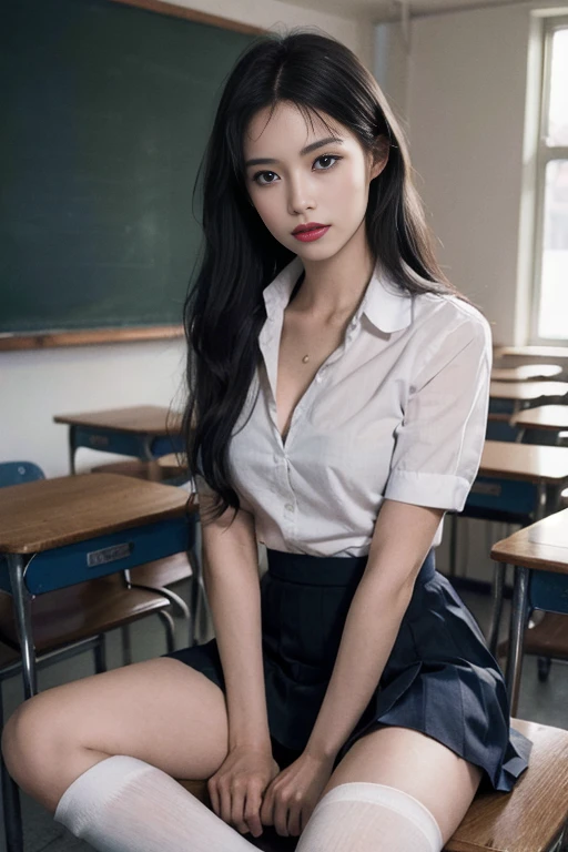 The original photo of the girl, ( masterpiece:1.5), best quality, ultra-high resolution,  high detail, (Realistic photos:1.5), Details Face , meticulous eyes, meticulous face, 1 Girl, ((alone)),  full body girl , ( Medium Chest :1.3), pale,  quadriceps hair , school uniforms,  skirt, long socks],  in the classroom,  in an incorrect position , Thigh width,  visible, People look at her ,  focus on the viewer 