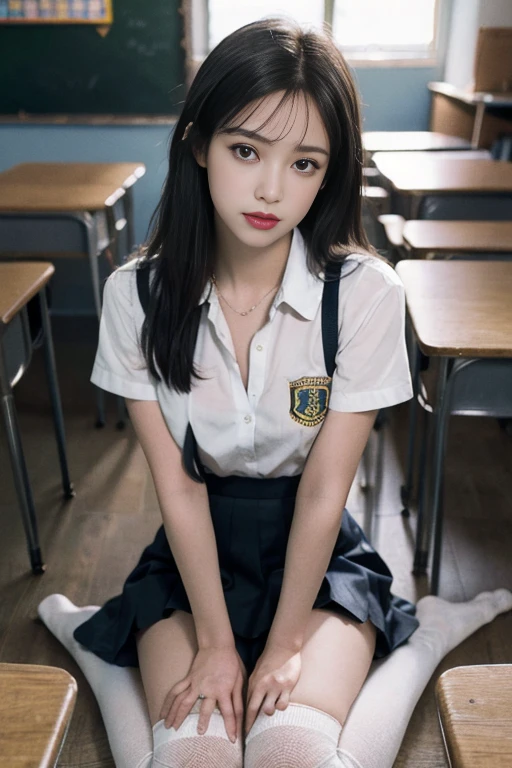 The original photo of the girl, ( masterpiece:1.5), best quality, ultra-high resolution,  high detail, (Realistic photos:1.5), Details Face , meticulous eyes, meticulous face, 1 Girl, ((alone)),  full body girl , ( Medium Chest :1.3), pale,  quadriceps hair , school uniforms,  skirt, long socks],  in the classroom,  in an incorrect position , Thigh width,  visible, People look at her ,  focus on the viewer 