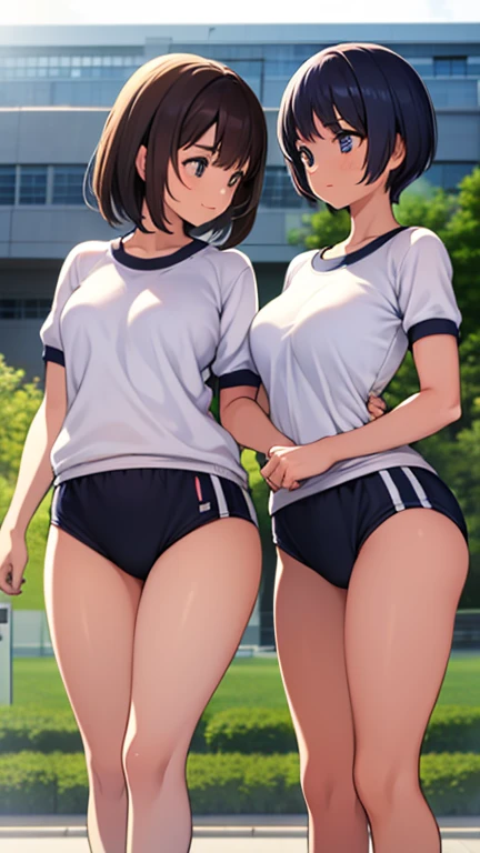 masterpiece, best quality, highres, aanene, short hair,(buruma:1.2),gym uniform, ass shot, cowboy shot, bed room, smile,steam,ahegao,