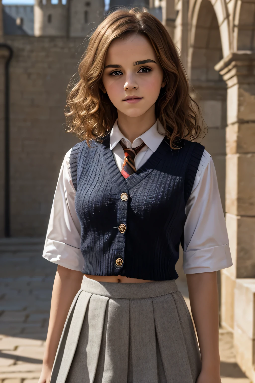 Gorgeous european woman with curly hair, bushy hair with bangs, thick hair, shoulder length hair, shiny hair, streaked blonde hair, skinny, thin waist, Emma Watson in cute clothes, small breasts, (wearing a White button down shirt with a black wool jumper vest and a short light gray pleated skirt a Gryffindor school uniform), (glossy lips), in the middle of a courtyard, (British castle background, Hogwarts Castle), (extremely detailed 8k wallpaper)