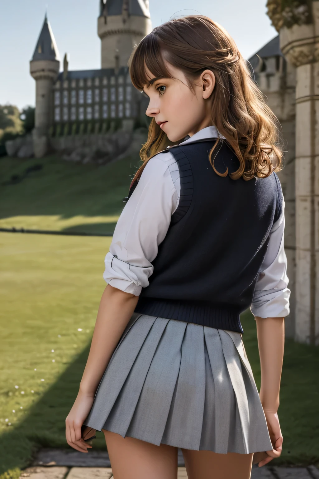 Gorgeous european woman with curly hair, bushy hair with bangs, thick hair, shoulder length hair, shiny hair, streaked blonde hair, skinny, thin waist, Emma Watson in cute clothes, small breasts, (wearing a White button down shirt with a black wool jumper vest and a short light gray pleated skirt a Gryffindor school uniform), (shot from behind, up skirt, focus on ass:1.2), in the middle of a courtyard, (British castle background, Hogwarts Castle), (extremely detailed 8k wallpaper)