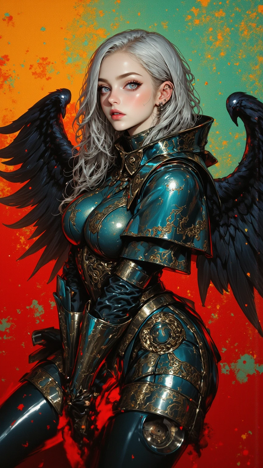 high quality, 4K, Extreme Detail, Realistic, major, Vivid Color, Magnificent scene of soft depth,Silver-haired Fairy Hunter, armor broken like glass , black wings ,Red border,gradually changes from warm reddish-yellow to calm blue-green