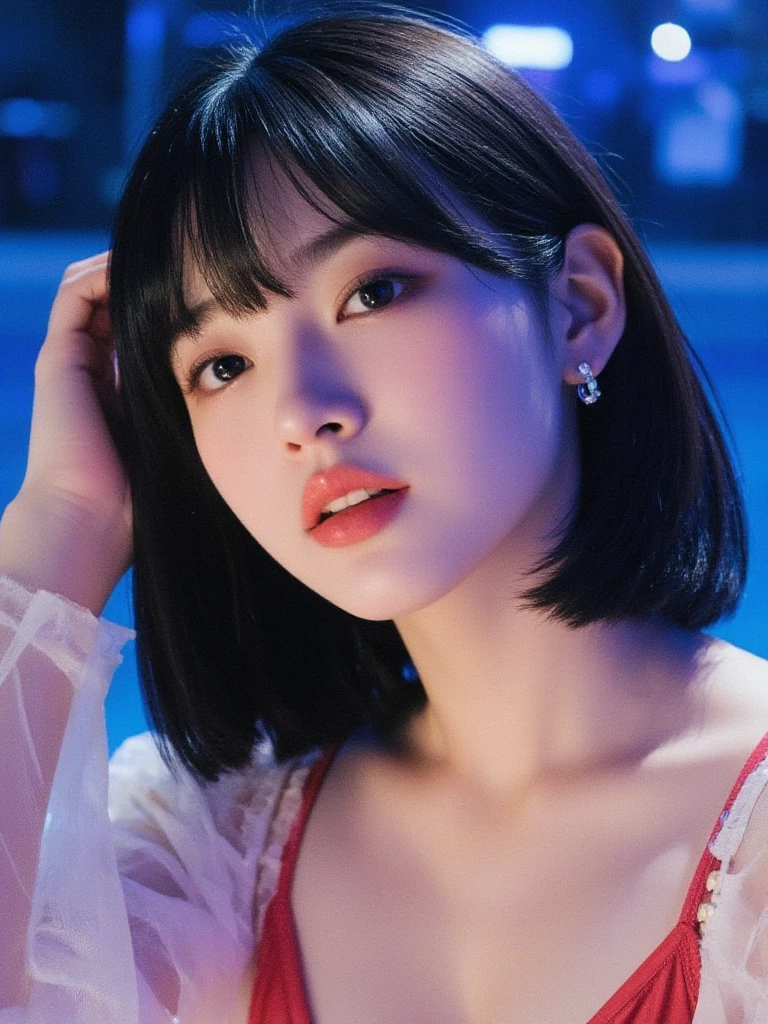 ((Rooftop of a building: 1,3)), ((Goth_punk, alone, Medium Shot, Walking the rooftops of Harajuku, ((night)), Blurry, Neon Light, Rainbow Eyes, Starry Sky, Shiny black hair, White eyebrows, Shiny Hair, (Rainbow black hair), Earring, good, jewelry, Blunt bangs, Busy eyes, Background Blurry, Blurry, hair ornaments, sight, short hair, Portraiture, Side Lock break ((Swedish girl, White skin, White)),((Women's work suits:1.3)), break (Gal: 1. 1),(Glamour: 1. 3),(night),(Supermodel: 1.3)),break ((earring, ring)), Cowboy Shot,((Tall people)),((Android)),((Look Up)),((Top Angle:1. 3)), From above, looking at the camera,((Event Companion)),((Thin see -through)) Tight-fitting underwear with straps))、Hip、Butt、bend、