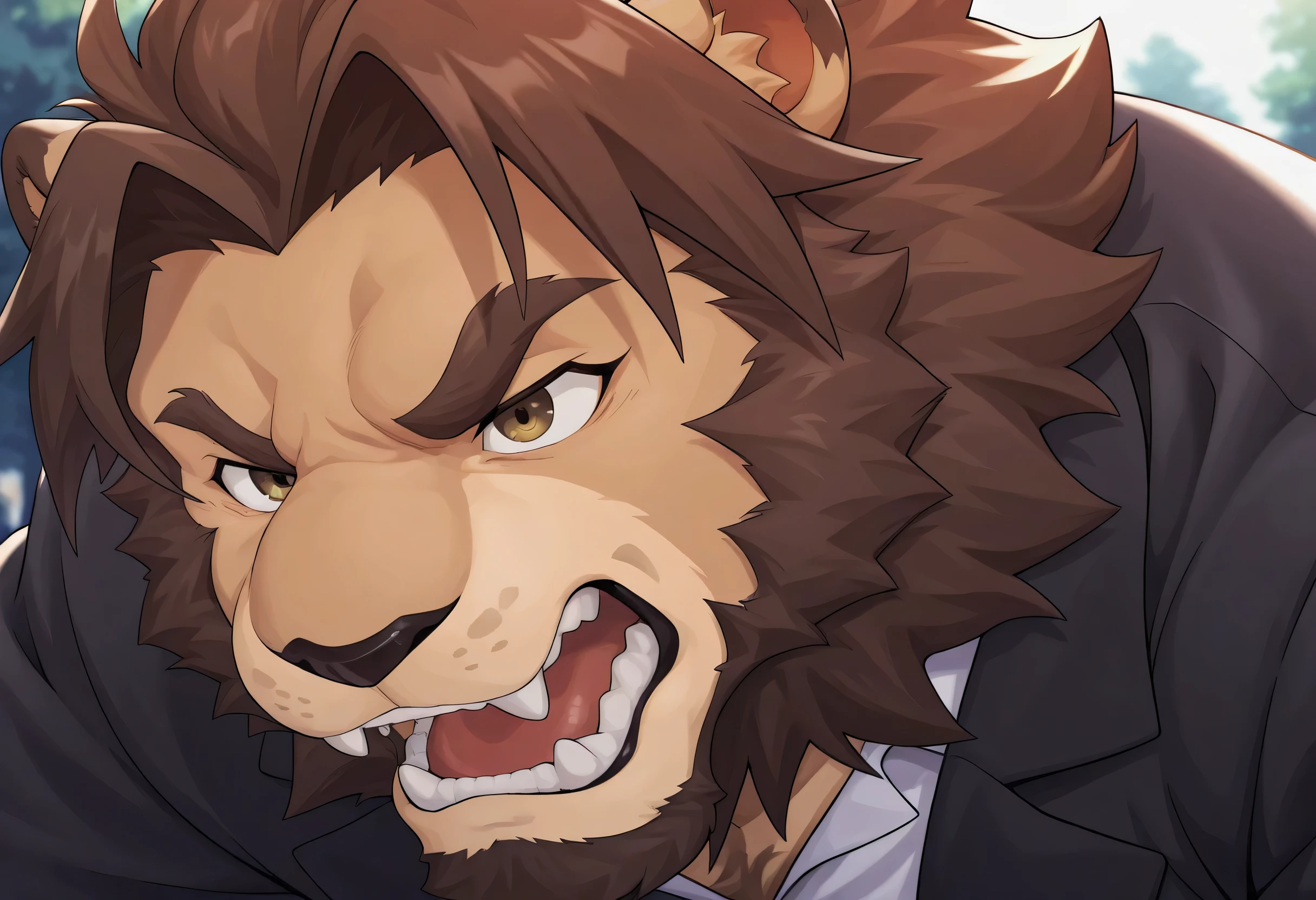 1boy, solo, lion, brown fur, professor outfit, interrogate, open mouth, facial close-up, contemptuous, in the park, angry, score_9, score_8_up, score_7_up