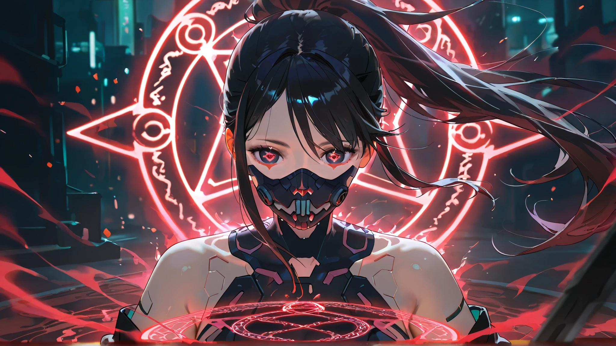 woman,Ripe, perfect anatomy,full-face cyberpunk mask with eyes on the long Devil's Blade,long ponytail hair( black hair),Red Aura,red magic circle,I'm wearing a, cinematic lighting, Cinematic angles,