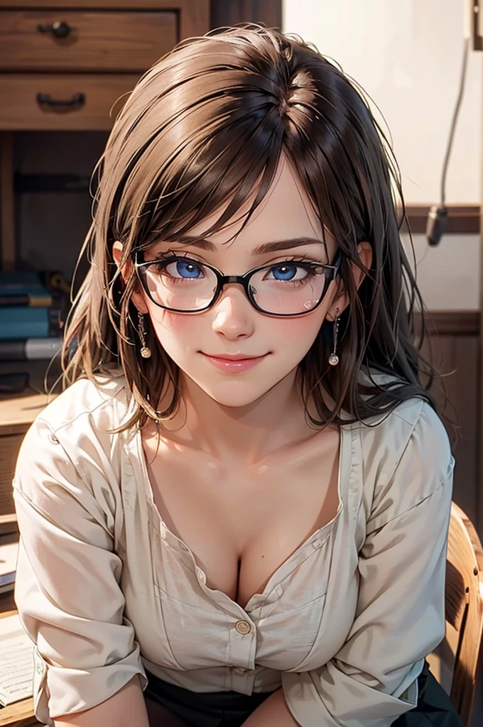 Masterpiece, 最high quality, high quality, High resolution, high quality texture, high quality shadows, High resolution, Beautiful details, Detailed CG, Detailed Texture, Realistic representation of face, Realistic, colorful, delicate, Cinematic Light, Side light, Lens flare, Ray Tracing, sharp concentrated, (1 Girl,concentrated:1.3), ( Intricate details, compensate, PureErosFaceV1:0.5), (細部まで美しいdelicateな顔, 緻密で美しいdelicateな瞳, Perfect Facial Proportions, Dense skin, Optimal ratio of four fingers to one thumb,Unified 8k wallpaper, Arms under chest, Modest chest, Wide Hips, Smooth upper abdomen, 35 years old, blue eyes, glasses, air fortress hair, blonde hair, house wife, the gaze of true love, lips of temptation, A look full of compassion ,a smile full of love, i love you, Acting lovey-dovey, I love you so much I'm crazy,
cabin attendant uniform,white blouse with open neck ,tight fitting black skirt,black stockings, excellent secretary ,working as a secretary, wooden desk, wooden chair,