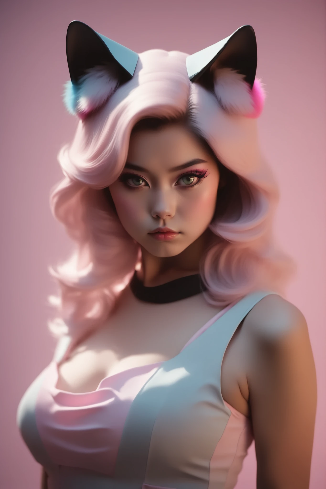 random hot and busty korean catgirl, cat ears, pastel color palette, no background, pastel background, colorful background,