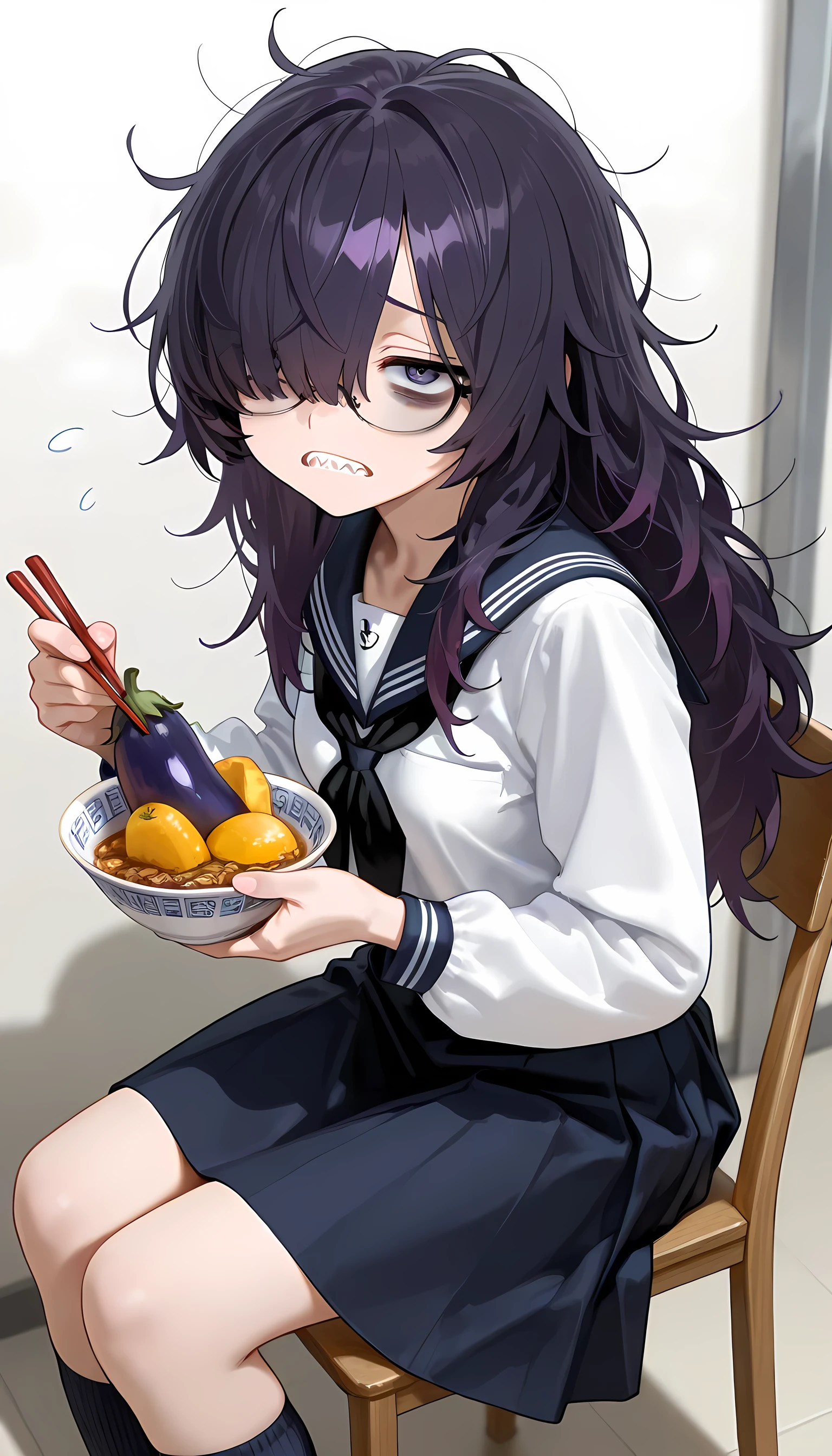 (masterpiece, best quality, amazing quality, very aesthetic, absurdres, newest:1), masterpiece,best quality,amazing quality, 1girl,solo,solo girl,long hair,dark purple hair, ((messy hair)), hair over one eye, (hair over right eye),((bags under eyes)) , glasses,(XD:1.1), frown ,sharp teeth,closed teeth, Scared ,small breasts,(white school sailors ),navy collar,navy skirt,navy socks,holding Eggplant dishes ,holding chopsticks,sitting on the chair,face close up,
