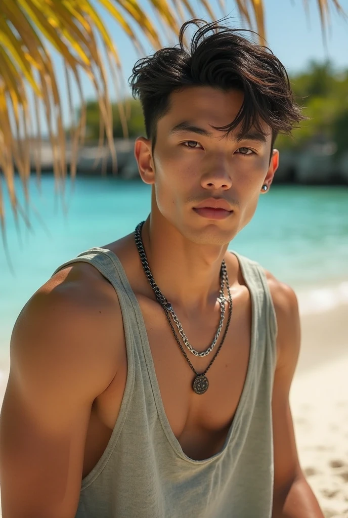 realistic, (masterpiece, top quality, best quality, official art), very detailed, colorful, most detailed, divine, short hair, black hair, handsome asian man asia, sea, necklace, beach, chest, six-pack abs, white skin, blue eyes, handsome smile, muscles, ((broad shoulders, narrow waist)), shirtless, underwear, big, firm thighs Sure, there's a tattoo on his arm on his chest and calf