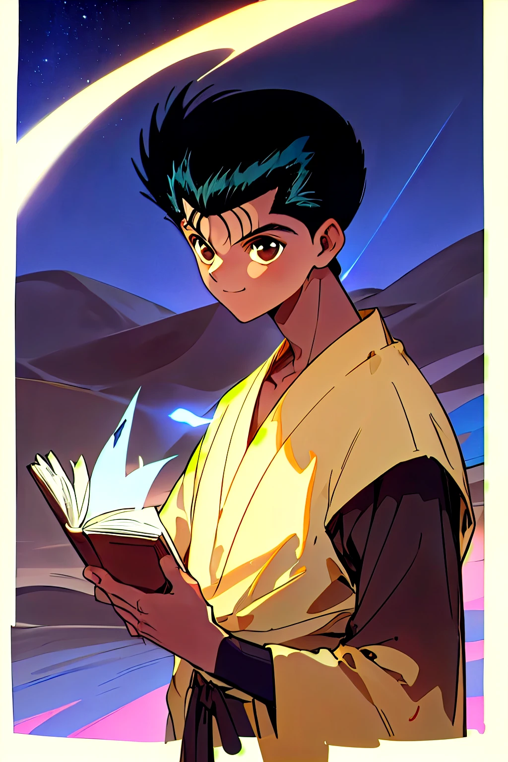 masterpiece, , incredible quality, best aesthetics, absurdities , official style, Looking to infinity, Yusuke_Urameshi_Ep, black hair , brown eyes , (1 boy ), upper body, ((background deserto de areia a noite)) ((background sand dunes at night)) ( wearing white Jewish clothing , ( happy face, blue aura around his body, Huge book in your hands.( masterpiece), retrato em close de um man, (man), 20 years, (1 boy), Alone, Serious, partial side view , man muito bonito, (( brown eyes bem grandes), wearing simple clothes , Looking to infinity , night sky background , cinematographic lighting, read the scriptures, The book has a blue light, Your body has an aura of blue light.