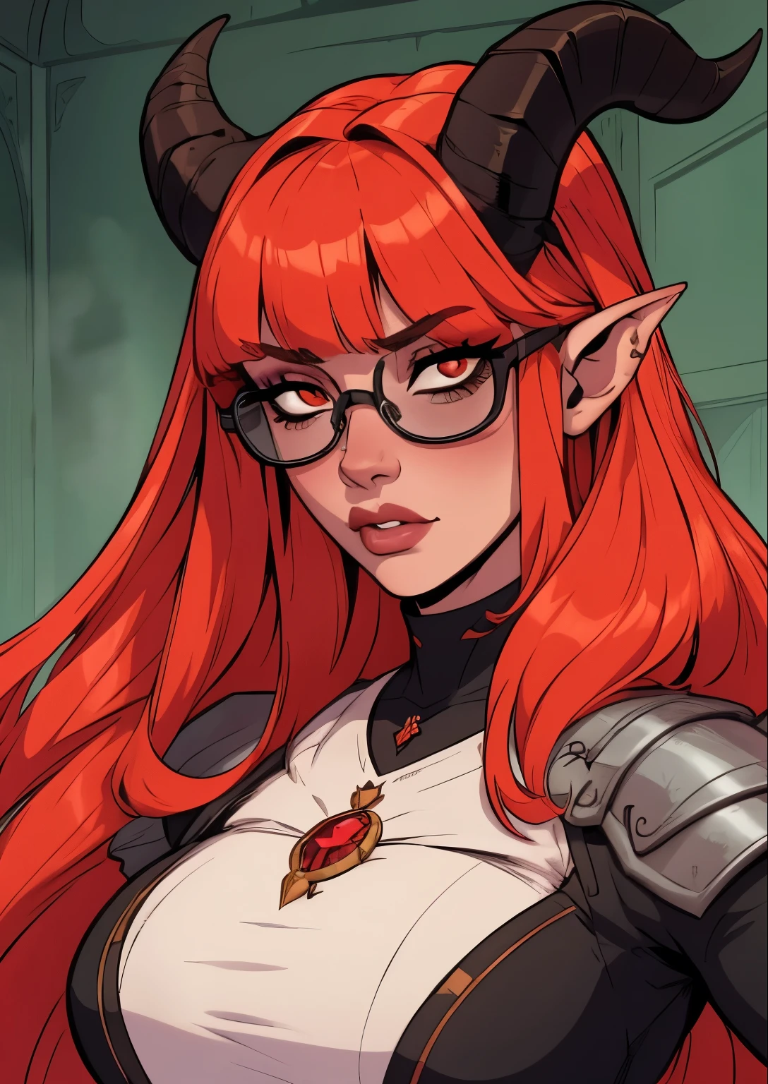 masterpiece, best quality, 1female, beautiful, face portrait, 1girl, face focus, deep makeup, cell shading, straight hair, long hair, goth, tiefling, tiefling girl, intense red skinned, shy, circular glasses, librarian, bangs, ashen hair, ram horns