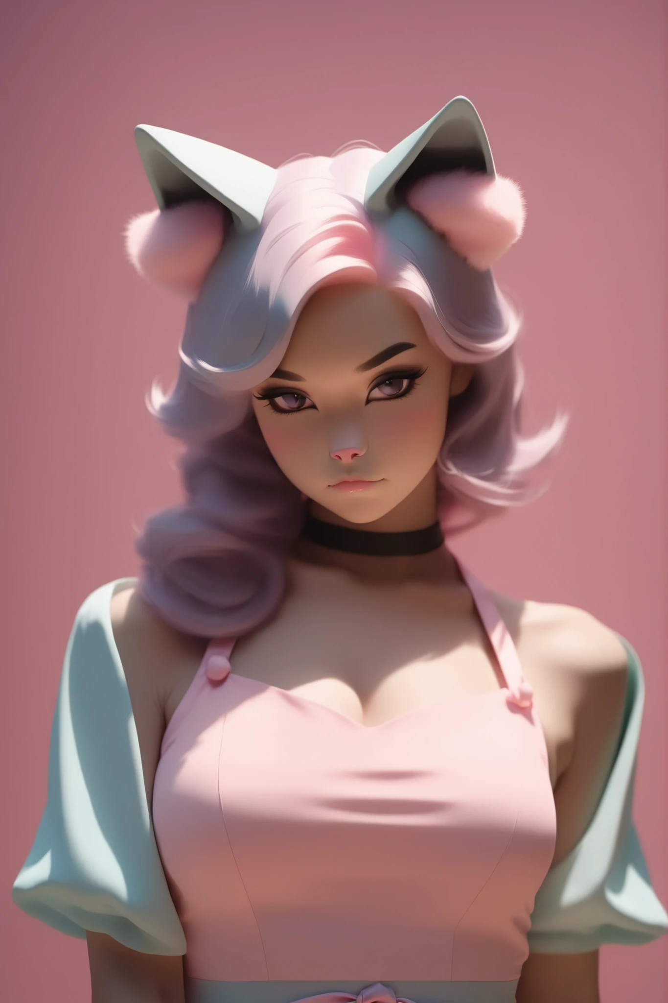random hot and busty korean catgirl, cat ears, pastel color palette, no background, pastel background, colorful background,