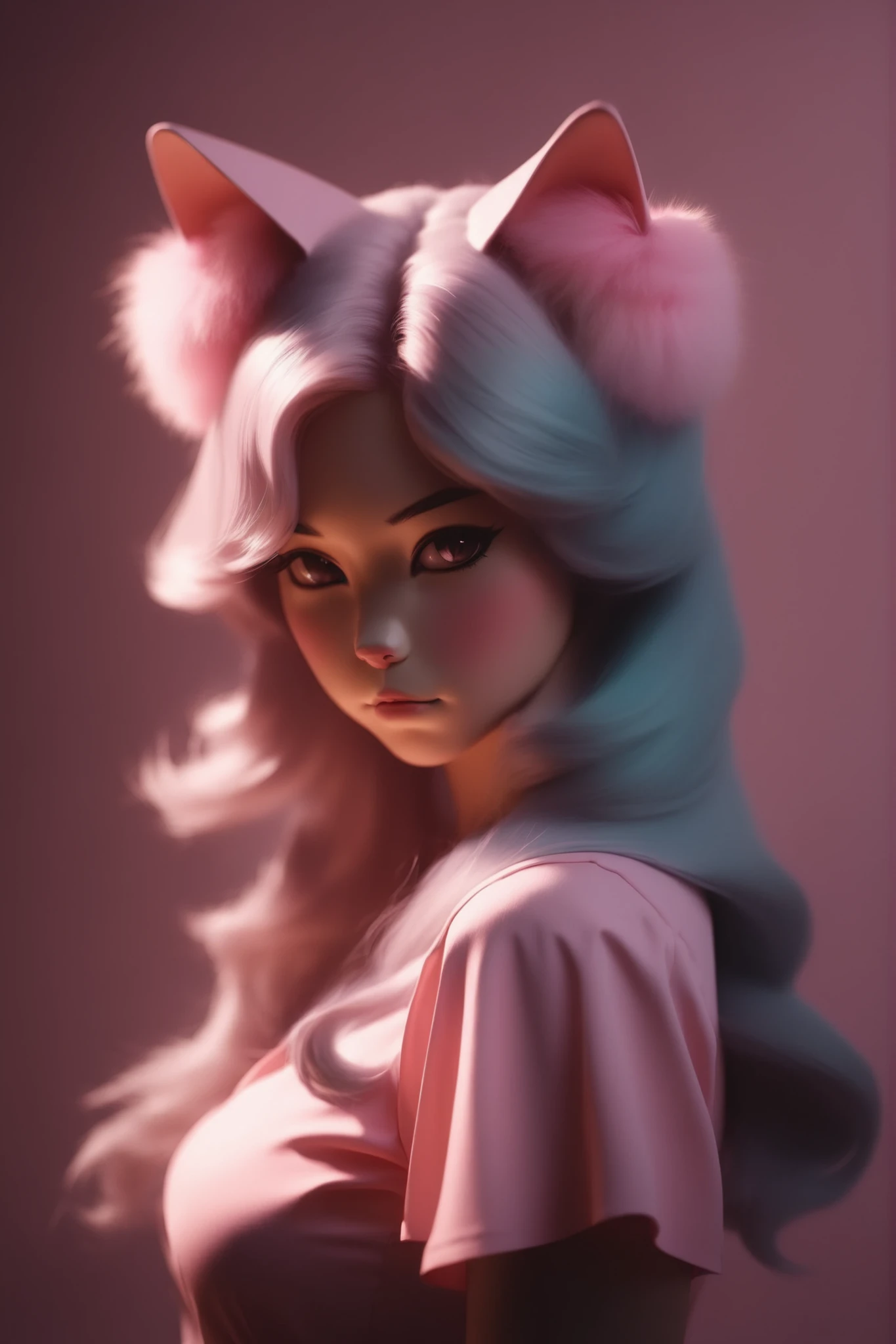 random hot and busty korean catgirl, cat ears, pastel color palette, no background, pastel background, colorful background,