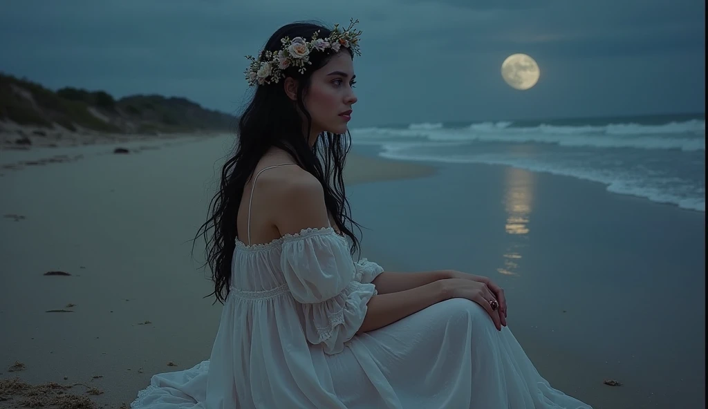 handsome girl, Latin American type, long hair with dreadlocks, big eyes, red-lips, with tattoos, in a cream silk long dress with a vintage style cutout, Victorian classic, gracefully fits a chic figure. Girl sitting on a rock on the ocean shore, night time, soft light of the moon and lanterns, light mist. Highest Quality, high detail, hyper realisitc, Hyperreal photo of, cinematic quality, high detail, Raw