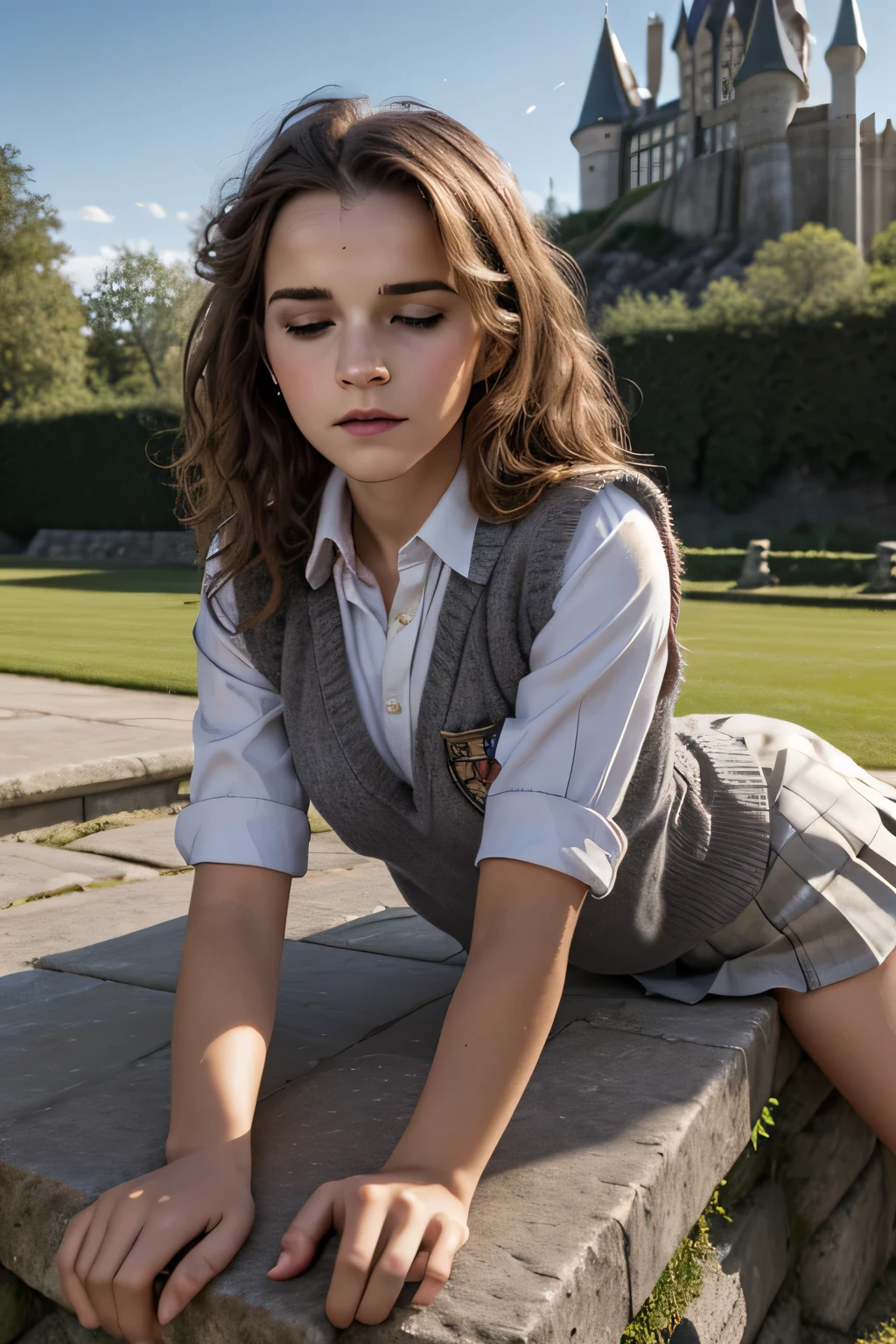 Gorgeous european woman with curly hair, bushy hair with bangs, thick hair, shoulder length hair, shiny hair, streaked blonde hair, skinny, thin waist, Emma Watson in cute clothes, small breasts, (wearing a White button down shirt with a dark wool jumper vest and a short gray pleated skirt a Gryffindor school uniform), (lying face down on a Stone bench, chest squished down, leaning forward, sleepy expression, Half-Lidded eyes, glossy lips:1.2), in the middle of a courtyard, (British castle background, Hogwarts Castle), (extremely detailed 8k wallpaper)