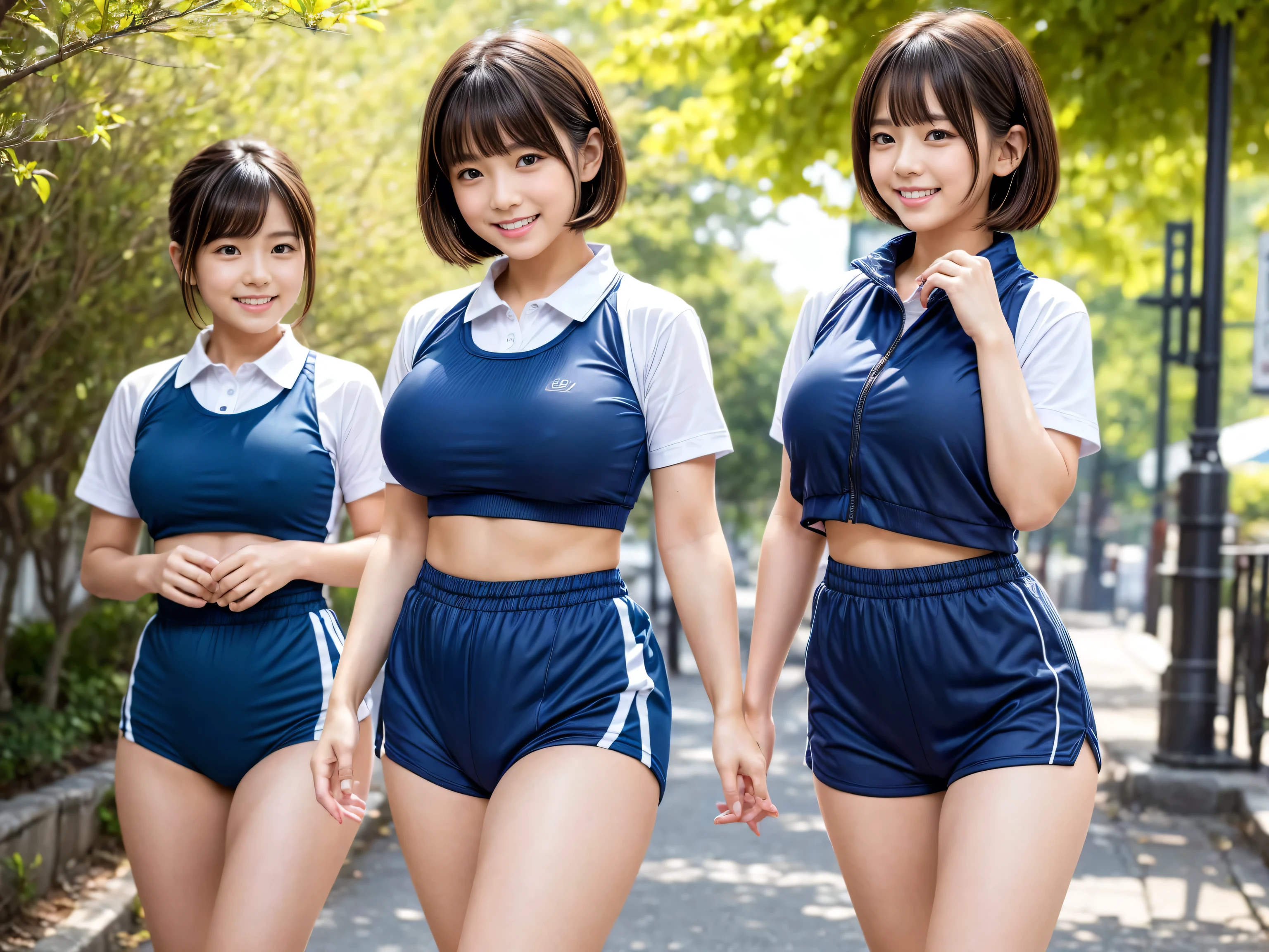 2 girls with knee up in park,white plain school gym shirt with navy blue trim,navy blue speedo briefs,18-year-old,bangs,a little smile,thighs,knees,short cut hair,low ponytail,from below,front-lighting