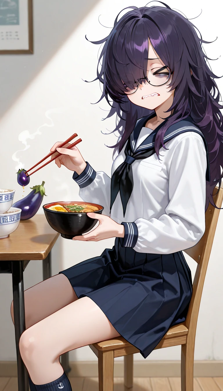 (masterpiece, best quality, amazing quality, very aesthetic, absurdres, newest:1), masterpiece,best quality,amazing quality, 1girl,solo,solo girl,long hair,dark purple hair, ((messy hair)), hair over one eye, (hair over right eye),((bags under eyes)) , glasses,(XD:1.2), (frown) ,sharp teeth,closed teeth, Scared ,small breasts,(white school sailors ),navy collar,navy skirt,navy socks,holding Eggplant dishes ,holding chopsticks,sitting on the chair,face close up,