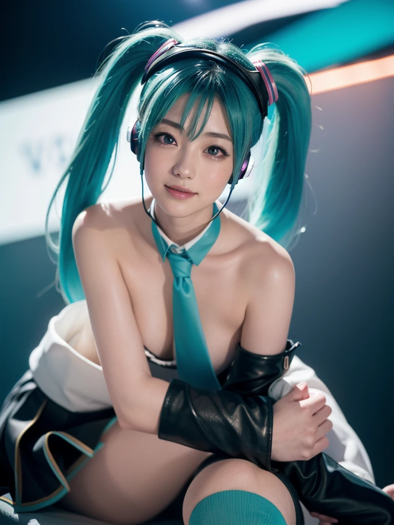 The 8k quality, High Definition, Hatsune Miku dancing sexy as an adult, Large breasts, paint from head to toe, High-density images, Nipples directed upwards, Beautifully shaped breasts, Love juice dripping on the thighs, Heart-shaped arrow tattoo above cat towards cat, pink and light blue holographic effects in different shapes, Body Paint,, Wrap colorful ribbon tape around the body, Strong shading, low angles
