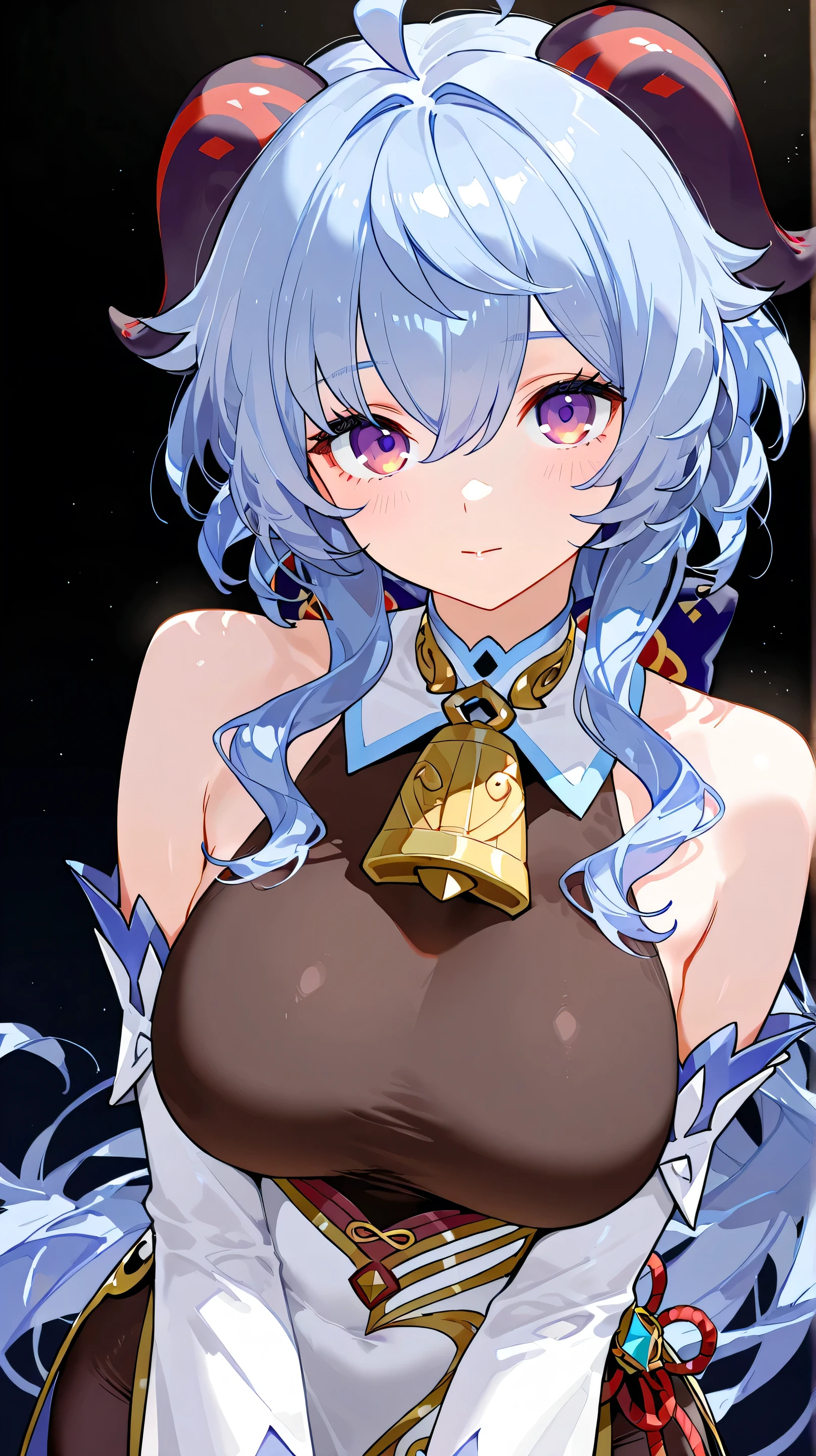 moody lighting, cute girl, (platinum blue hair), ((drill hair)), perfect face, smug smile, (glowing red eyes), (naked), (petite), (slender), (tiny breasts), (flat chest), ((18 years old)), skindentation, extreme detail, attractive oval face, pink lips, pink nipples, glossy skin, detailed hair, face focus, close-up chest, gold ornamental necklace, earrings, (1 girl),