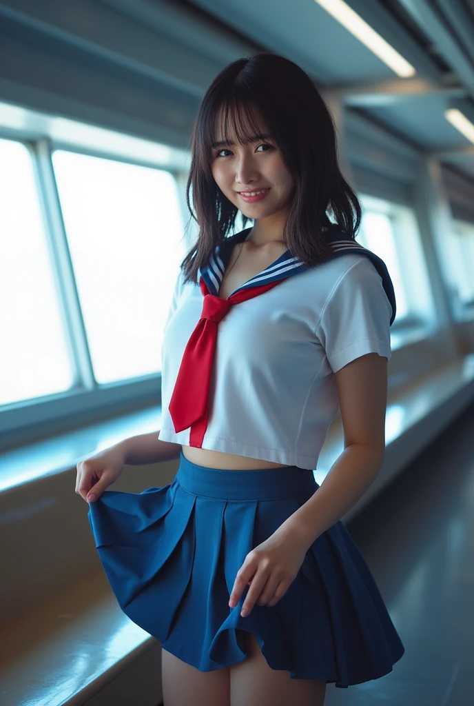 ((escalator))、lewd smile、(Realistic、Realistic:1.37)、(masterpiece)、(highest quality:1.4)、(超A high resolution:1.2)、(RAW Photos:1.2)、(Sharp focus:1.3)、(stand:1.2)、elegant、(Whole Body Ezbian:1.2)、(A girl in an elaborate sailor suit and pleated skirt:1.3)、Very cute Japanese girl、(smile:1.3)、(Makes hair shine:1.3)、 Brown haired、Bobcut、 Short pleated skirt、
(Big Breasts:1.2), Shot from under the escalator、Beautiful and delicate eyes、 View your audience、Photographed from the bottom of the escalator looking up、Secretly photographing underwear under a skirt、White panties:1.8