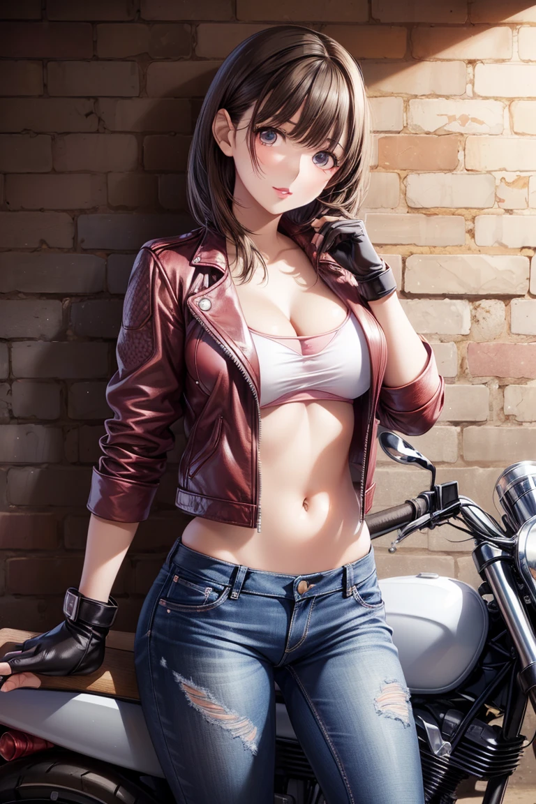 1 girl, big breast, small lace bikini, leather jacket outside, red miniskirts, riding on motorcycles, on the road, realistic lightings, street roads, night views, masterpiece