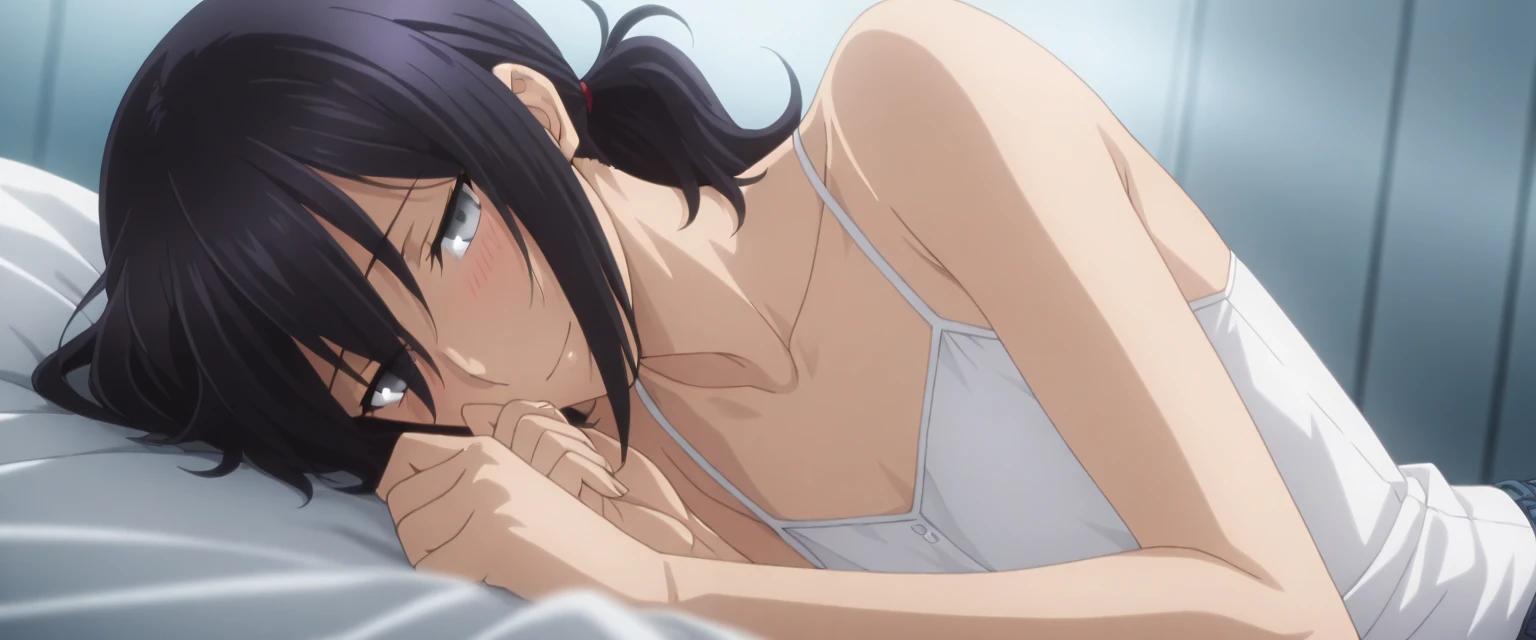 matsuura kanan, sleeping on bed, by zerochan , seductive anime girl, ecchi anime style, ecchi, striped bikini,big breasts,solo, hugging pillow,dark, dessert oisis, red dim light
