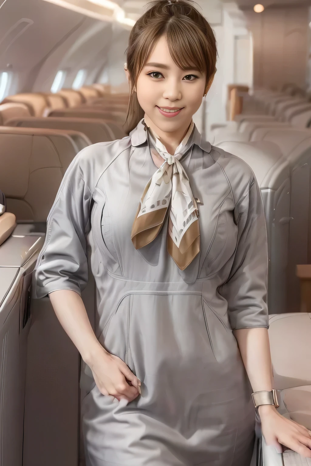 (masterpiece:1.2, best quality:1.2), 32kHDR, High Resolution, (alone、1 girl)、(Starlux Flight Attendant Uniforms)、 (At the airport counter, professional lighting)、A proper woman, beautiful face,、(Starlux Flight Attendant Uniforms Short Sleeve)、(Starlux Flight Attendant Uniforms)、(Scarf on chest)、Big Breasts、(long hair、hair bun)、dark brown hair、 long hit 、(( amazing hands:2.0)),((A harmonious body shape:1.5)),((Normal limbs:2.0)),((Usually refers to:2.0)),((Normal eyes:2.0)))、Beautiful position、smile、Hands crossed underneath