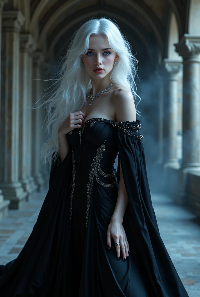 A beautiful Vampire Queen IS Vampire Art. She is stunning, with long thick platinum blonde hair and icy blue eyes. Epic. Cinematic. Dramatic lighting. Gothic. Classic. Abstract. Surreal. Terrifying.