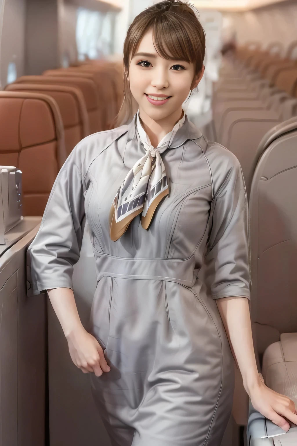 (masterpiece:1.2, best quality:1.2), 32kHDR, High Resolution, (alone、1 girl)、(Starlux Flight Attendant Uniforms)、 (At the airport counter, professional lighting)、A proper woman, beautiful face,、(Starlux Flight Attendant Uniforms Short Sleeve)、(Starlux Flight Attendant Uniforms)、(Scarf on chest)、Big Breasts、(long hair、hair bun)、dark brown hair、 long hit 、(( amazing hands:2.0)),((A harmonious body shape:1.5)),((Normal limbs:2.0)),((Usually refers to:2.0)),((Normal eyes:2.0)))、Beautiful position、smile、Hands crossed underneath
