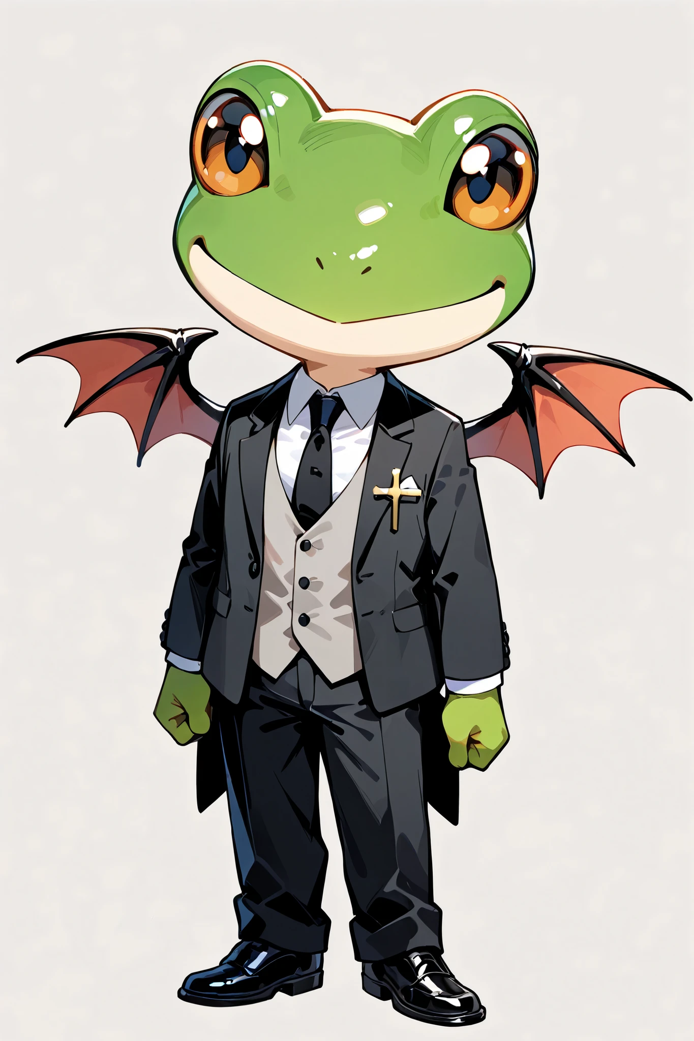 [Frog boy, full body shot from the front.]
The Frog Devil.glad,smiling,Happy Scene.
A full-body shot of a chibi style.male, butler, standing, looking at viewer, with cross-shaped irises, short, suit, with devil wings on back.

Simple, clean lines and minimal design.
white background, full body shot, from front.