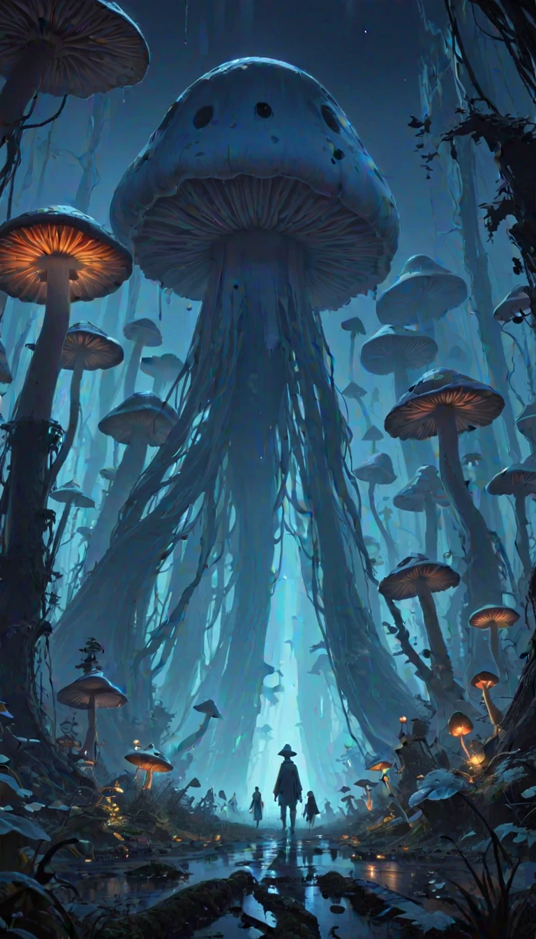 Made in Abyss, an otherworldly wonderland of fascination and terror. The underground world is filled with strange creatures and marvels, but also hides unimaginable dangers. Descending deeper and deeper into the Abyss, the atmosphere becomes more oppressive and unsettling, with a sense of dread lurking around every corner. The walls drip with moisture, and the faint glimmer of luminescent fungi casts an eerie glow. The lighting is scarce, offering only glimpses of the looming darkness ahead. The shadows play tricks on the mind, impossible to predict, and a constant reminder of the Abyss's ever-present hazards