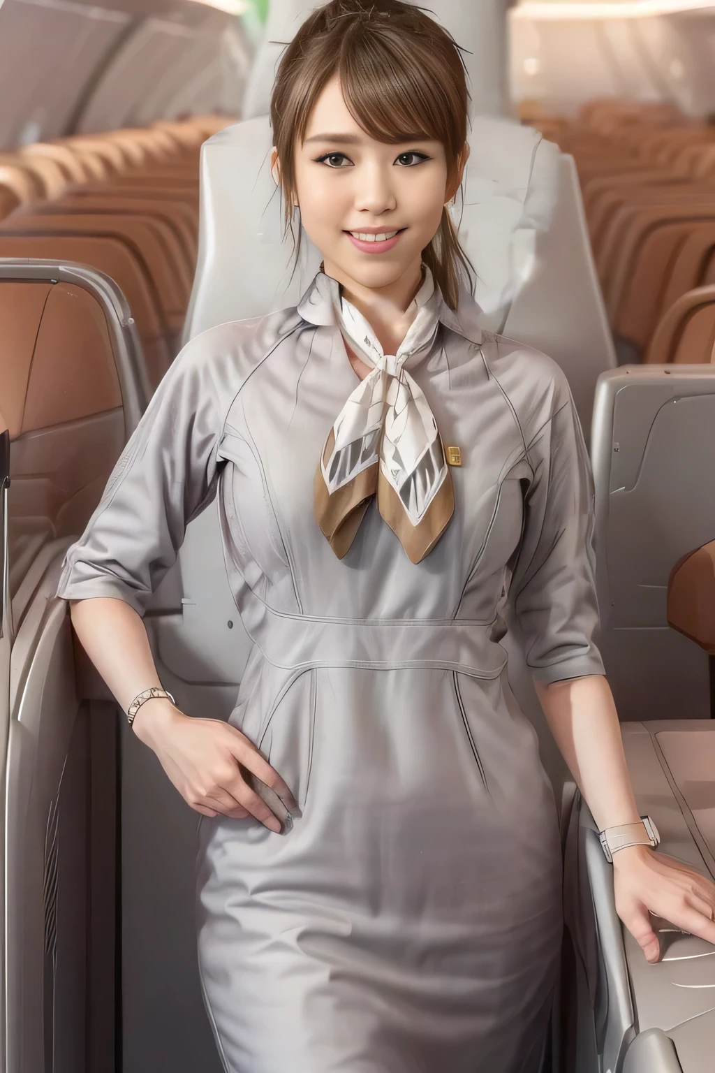 (masterpiece:1.2, best quality:1.2), 32kHDR, High Resolution, (alone、1 girl)、(Starlux Flight Attendant Uniforms)、 (At the airport counter, professional lighting)、A proper woman, beautiful face,、(Starlux Flight Attendant Uniforms Short Sleeve)、(Starlux Flight Attendant Uniforms)、(Scarf on chest)、Big Breasts、(long hair、hair bun)、dark brown hair、 long hit 、(( amazing hands:2.0)),((A harmonious body shape:1.5)),((Normal limbs:2.0)),((Usually refers to:2.0)),((Normal eyes:2.0)))、Beautiful position、smile、Hands crossed underneath