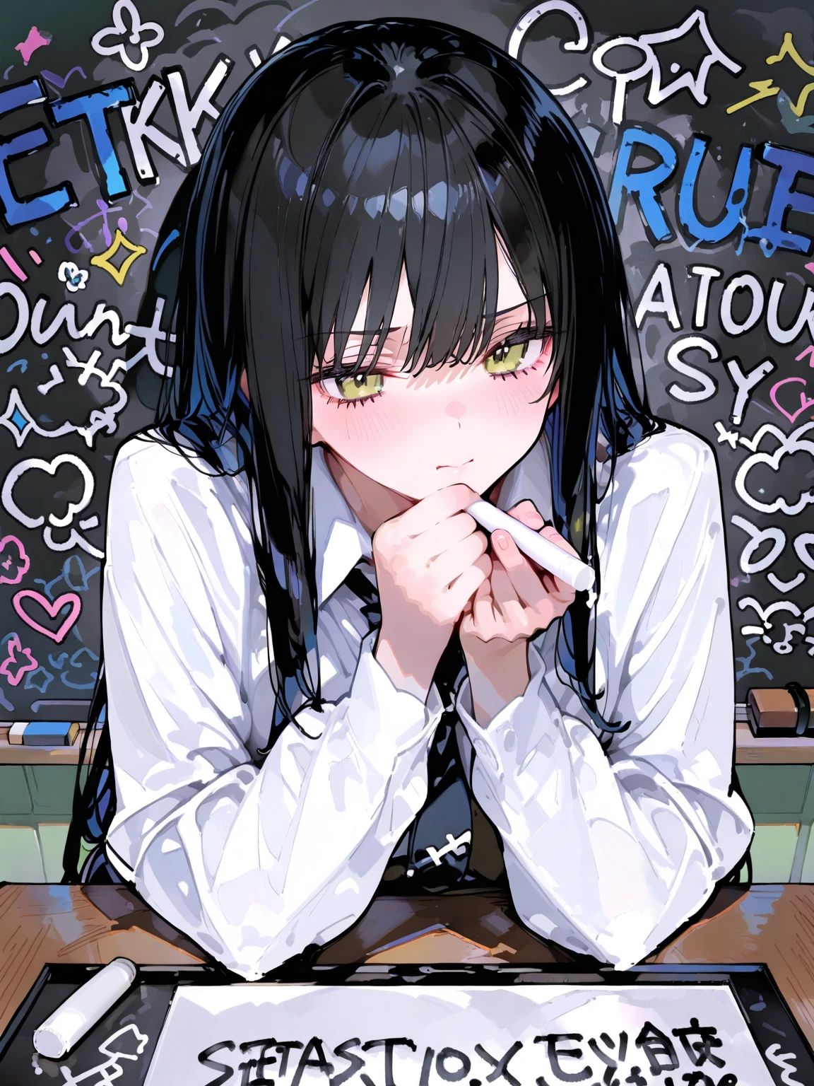 school,Doodles on the Blackboard,graffiti on blackboard,graffiti drawn on blackboard,writing board,holding Chalk,thinking
,masterpiece,best quality,eatsleep1111,748cmstyle,aiu