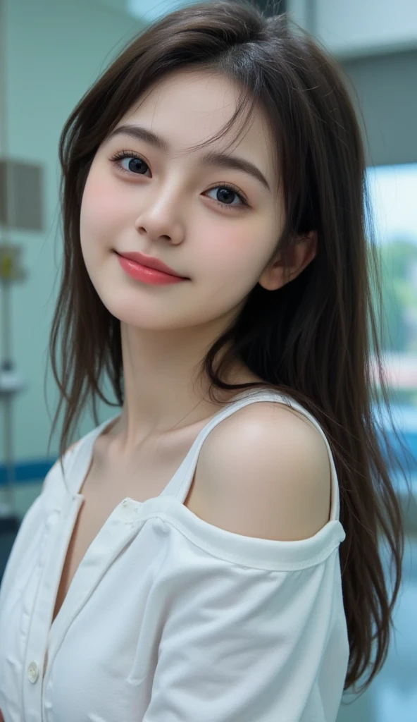 ((Highest quality、Tabletop、High resolution))、(masterpiece:1.6),(Zoomed photo from the front:1.95),(Pose to invite men:1.4),Semi-long hair、Black Hair、Twin tails、Small cleavage、(Cute Smile:1.45)、1 beautiful girl、Cute Face、(((Light clothing)))、Beautiful Skin、(Leaning forward:1.2),(Looking up:1.5),Baby Face、Nipples、