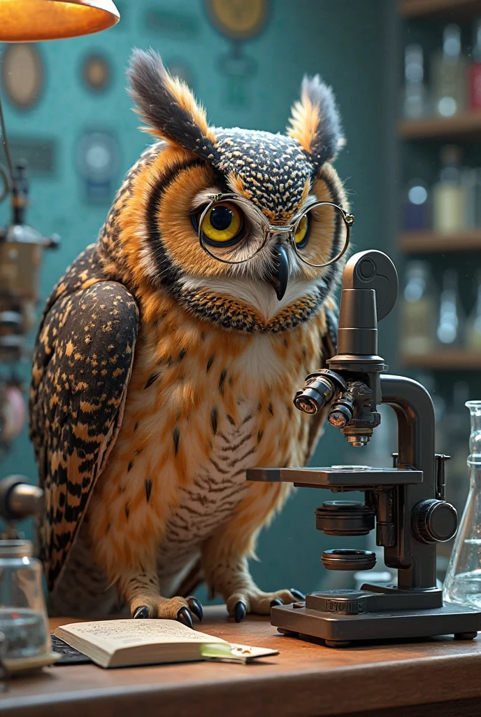 Conputer biopunk biology laboratory obiscuro, scientist opening an owl with a knife,.