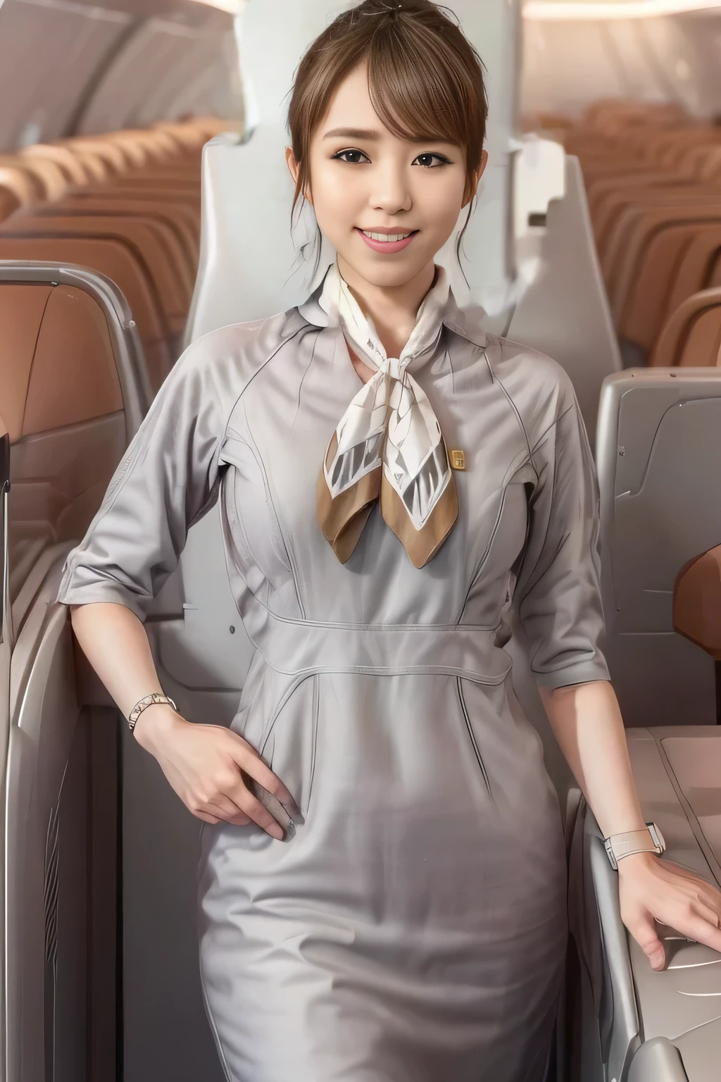 (masterpiece:1.2, best quality:1.2), 32kHDR, High Resolution, (alone、1 girl)、(Starlux Flight Attendant Uniforms)、 (At the airport counter, professional lighting)、A proper woman, beautiful face,、(Starlux Flight Attendant Uniforms Short Sleeve)、(Starlux Flight Attendant Uniforms)、(Scarf on chest)、Big Breasts、(long hair、hair bun)、dark brown hair、 long hit 、(( amazing hands:2.0)),((A harmonious body shape:1.5)),((Normal limbs:2.0)),((Usually refers to:2.0)),((Normal eyes:2.0)))、Beautiful position、smile、Hands crossed underneath