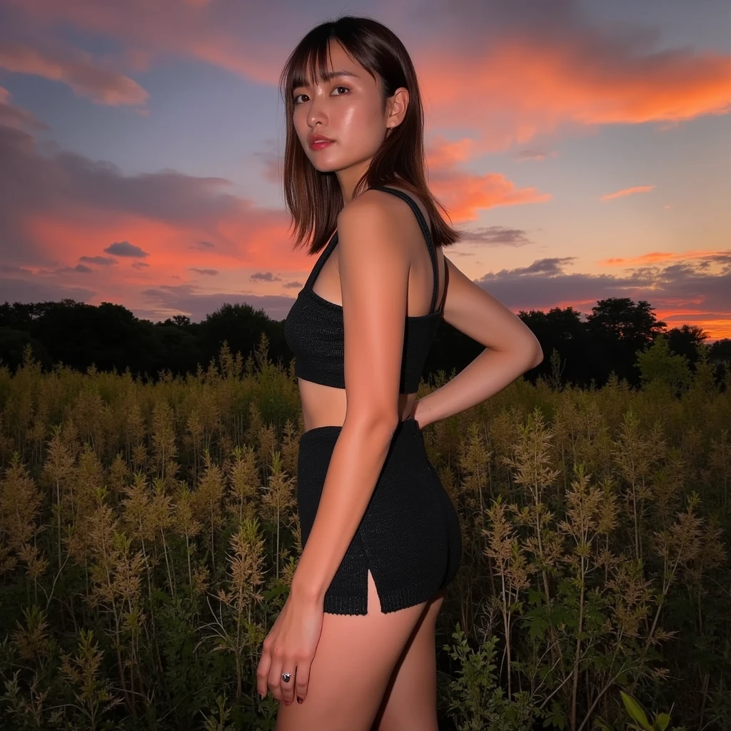 realistic beautiful, sexy black dress, smile, simple landscape background, sun set