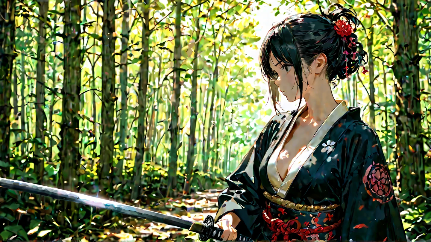 1girl, solo, ninja, forest, trees, Japan, medieval, ((black hair)), ponytail, large breasts, ((black shirt)), ((unbuttoned shirt)), unbuttoning buttons, popping buttons, ((short sleeved shirt)), cleavage 1:3, purple eyes, ((black shorts)), grin, standng, hair ribbon, samurai sword, katana, looking at the viewer