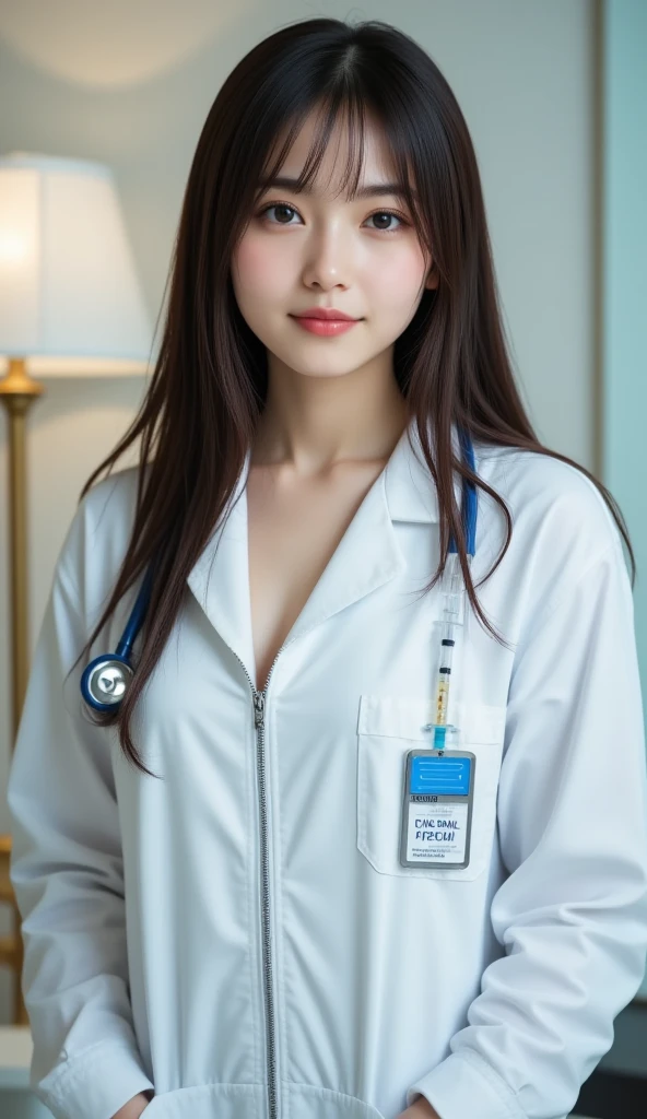Realistic beautiful doctor、Stunning beauty、Doctor's white coat, Collared shirt、(Top quality、8K、32k、masterpiece、nffsw:1.3)、Ultra-high resolution,(Reality:1.4),Original Photography, Delicate face,,Beautiful hair, ((Doctor style)), , Black tight skirt、 Natural Makeup,, Full breasts、Inside the hospital, Detailed background, Perfect lighting, Depth of Field, Beautiful shadow gradient,Stethoscope ,