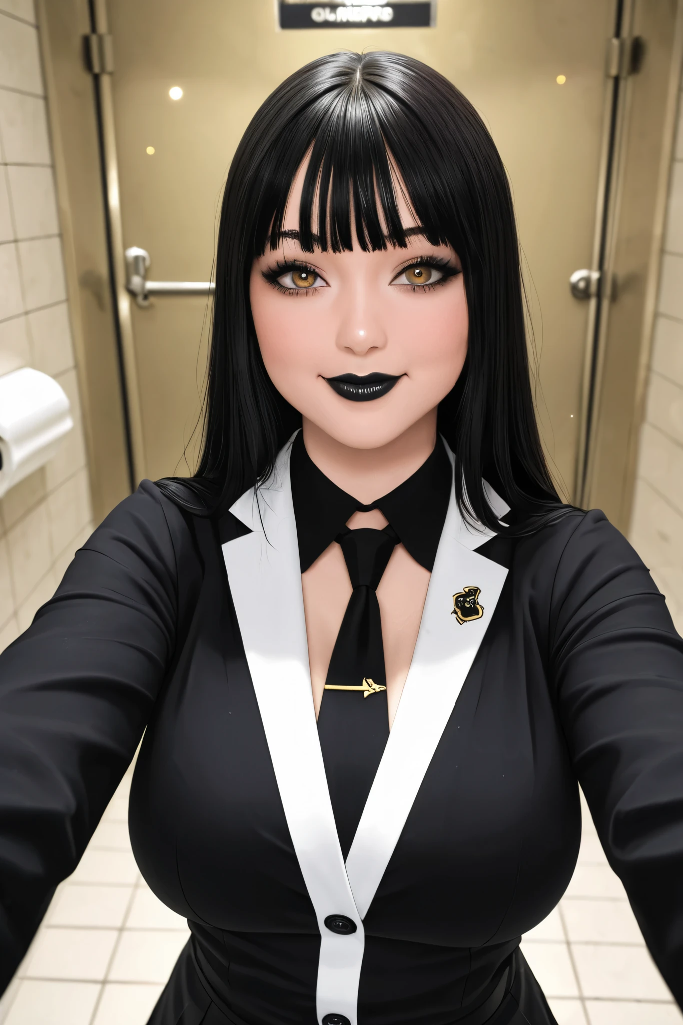 A mesmerizing close-up portrait of a gorgeous little bird illuminated by the soft, golden light of a tranquil morning, with vibrant bokeh balls gently framing its delicate form.Gothic, female, short, long black hair, black eyeliner, black lipstick, curvy, massive tits, tight school uniform, school shoes, big public restroom background, toilet stalls in background, smile, pose, dynamic, hand on hip, exposing tits