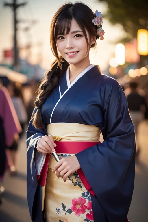 Japanese Ido ,((cute ,Baby Face:1.2)),(8k, RAW Photos, Ultra-detailed, highest quality:1.2), (Realistic, Photorealistic:1.4), (Very detailed, 超A high resolution ,beautiful, Tabletop:1.2), ,Very detailed顔と目,Shiny skin,(Upper Body:1.Professional Lighting,Soft Light, Sharp focus, Depth of written boundary,Medium Hair,Earrings, ( Kimono costume :1.3),(smile:1.3),Bokeh,(Dynamic Angle:1.5),( Summer festival:1.3）
