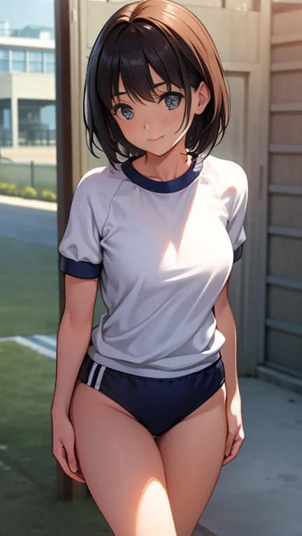 One girl,hair_Navy Blue,short hair,ponytail,Blue Eyes,Blue sportswear,Mouth wide open,A very happy smile,Happy look,Cheerful expression,Sweat on the forehead,School grounds,grass,Soccer Wear,Shorts,blush,Small ,,cute,,flat chest