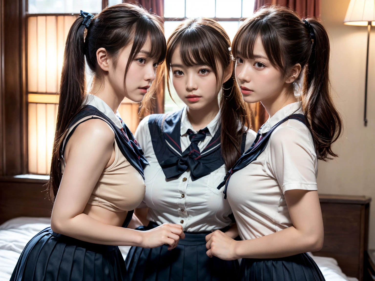 5-people 5-peopleしかいない Japanese schoolgirl 8K high resolution Very delicate curves Shiny black hair Bright pink hair Beautiful light blue hair shiny blonde hair Fancy brown hair White collared long sleeve shirt The chest buttons are open The bra is visible Big Breasts Very large breasts Chest that bursts They're all standing together hugging each other Cleavage Emphasis Navy Pleated Skirt Blue checkered pleated skirt mini skirt(Short enough to see the thong) Shiny thighs Plump thighs White knee-high socks Pink knee-high socks White loose socks Inside a luxury hotel room