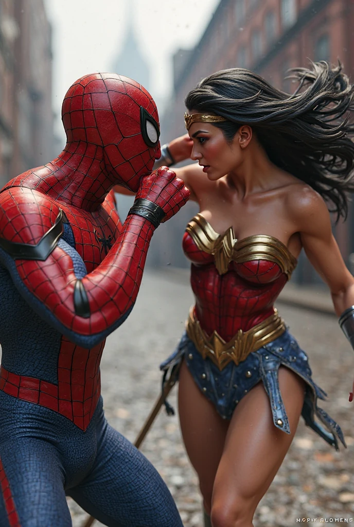 "Create a high-resolution 16K image capturing an epic battle between two superhero figures inspired by Spider-Man and Wonder Woman. The scene should show a fierce clash with dynamic poses and intense action, such as powerful strikes and defensive maneuvers. The background should depict a chaotic cityscape with dramatic lighting and shadows that heighten the tension of the scene. The image should be highly detailed with vibrant colors, emphasizing the strength and agility of both characters while maintaining clarity and sharpness in every aspect."