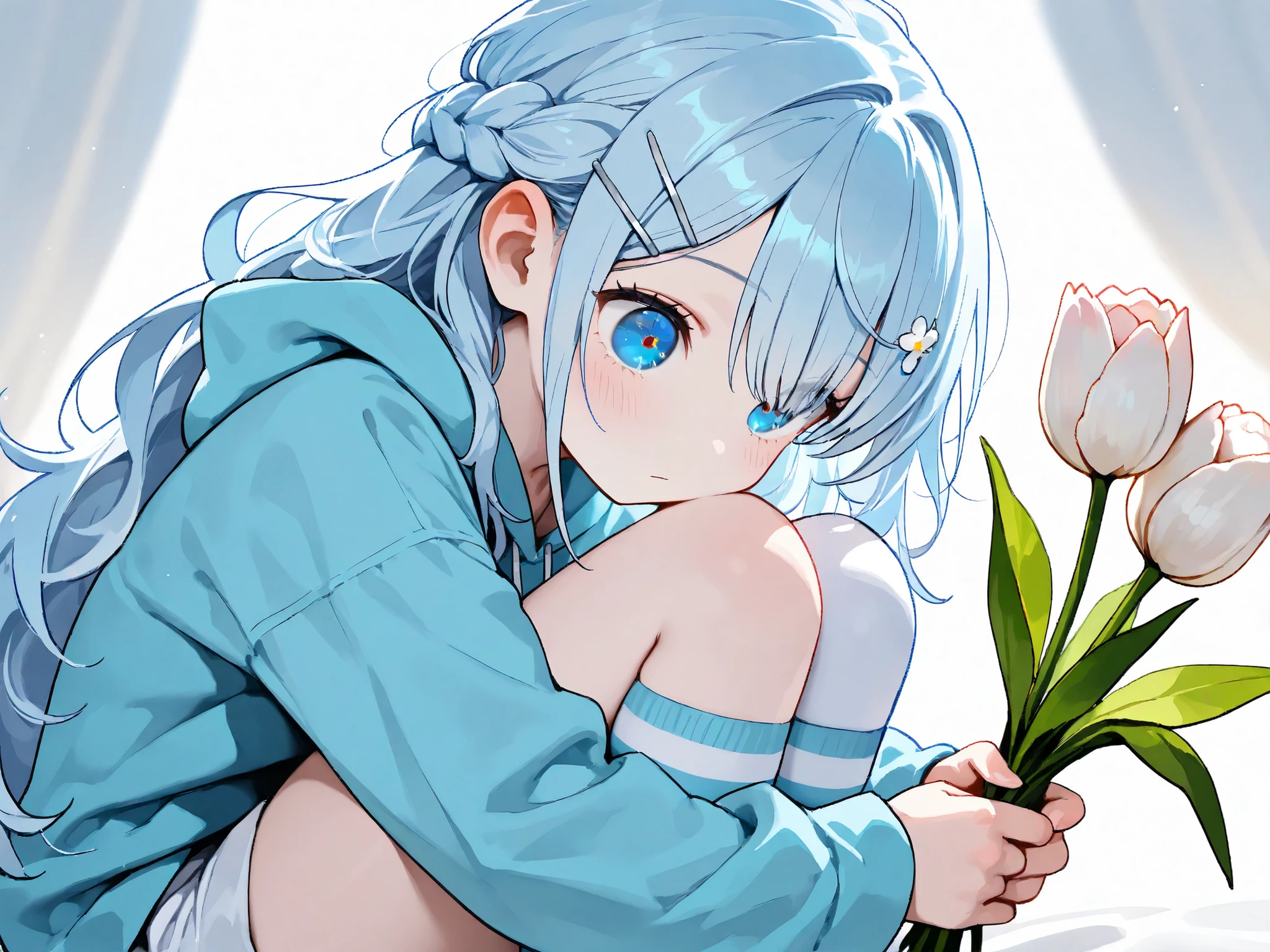 (masterpiece,best quality:1.2),solo,cute girl holding tulips:0.7,Human Ear, French braided hair , hairpins),light blue hair, long hair, fluffy hair, French braided hair on top,white skin, closed big eyes ,blue eyes, no nose , small mouth,Thin blue shoes\), close \(light blue hoodie, white short pants ,blue and white striped knee-high socks\), Cute Illustrations