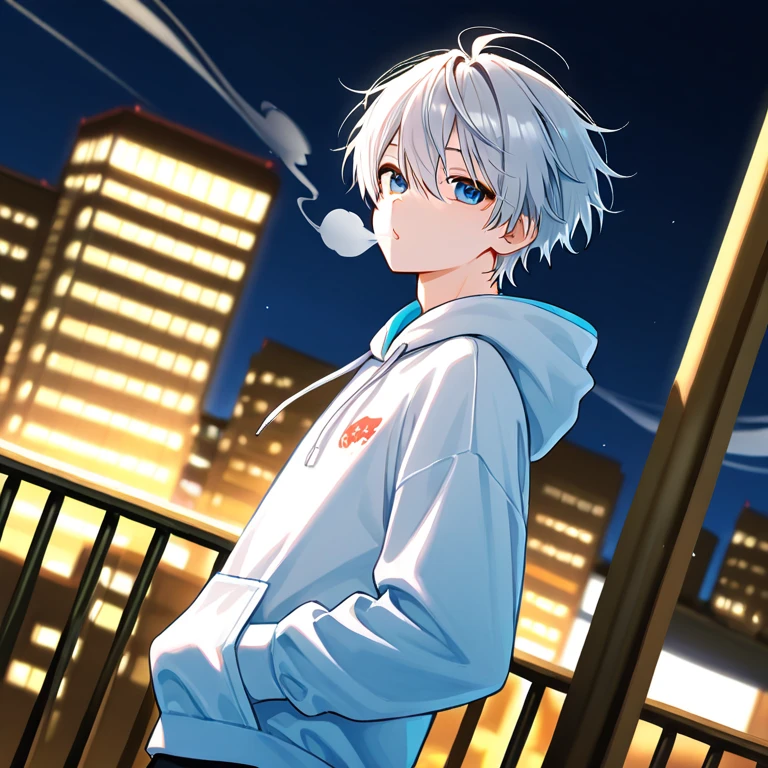 hoodie with dowels、hair parted to the center、 Silver Hair、Height: 178 cm、 easygoing eyes while dribbling、1 man、 friendly atmosphere、 blowing in the wind 、pocket in the city、