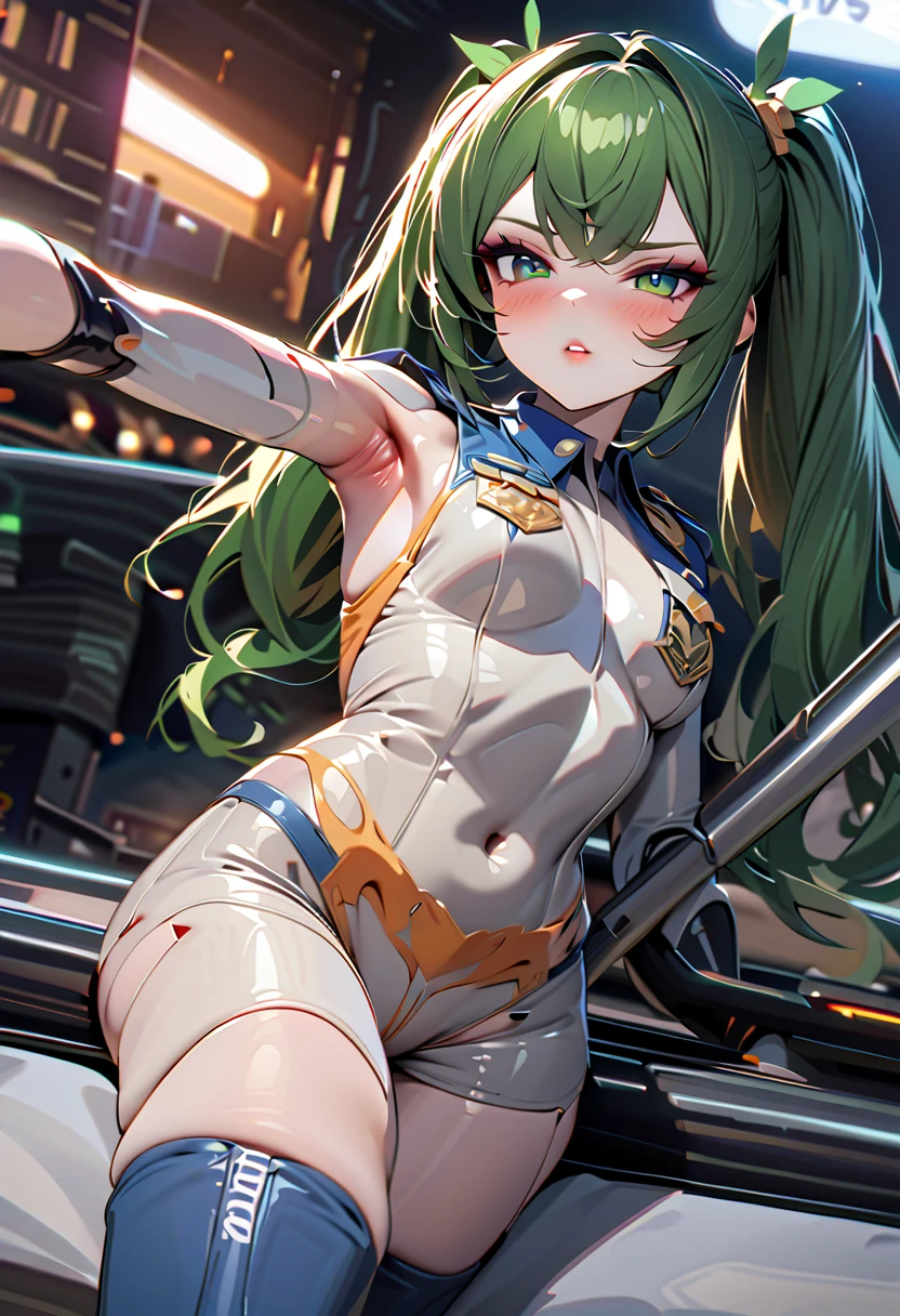 ((masterpiece,Highest quality:1.3)),cowboy shot,1woman,30 year old beauty、Investigator、独奏,(very small head:1.3),green hair,(low ponytail),long hair,blunt bangs,green eyes,gorgeous eyes,medium breasts,(very long body:1.2),(toned body,slender body,skinny),gleaming skin,shiny skin,oily skin,Light green tube top bra、navel、Yellow micro shorts、Drive a futuristic motorcycle、Sprint、on road,Metropolis,neon、World of Blade Runner、